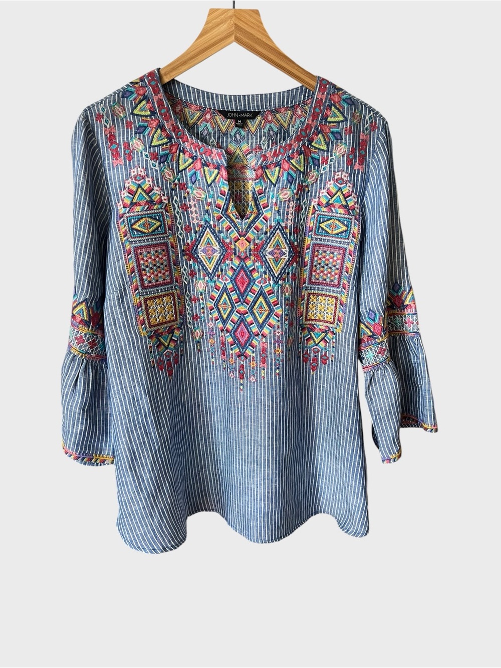 John Mark  Embroidered Stripe Peasant Top - Blue